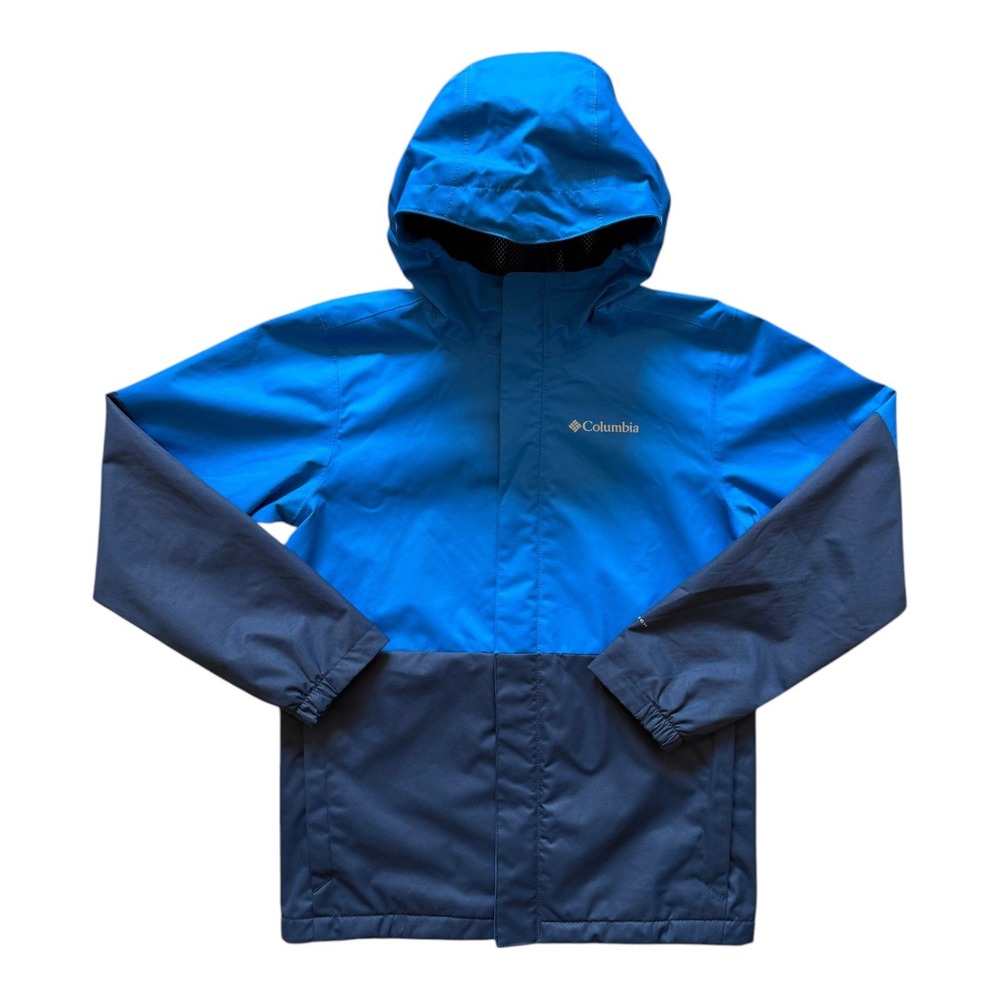 Columbia Hooded Rain Jacket Blue Colorblock - Youth M (NWOT)